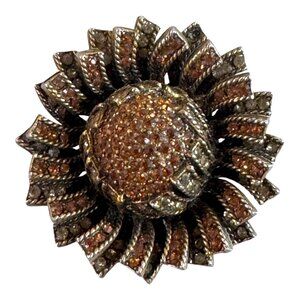 Vintage HAR Gold-Tone Sunflower Brooch Glass Amber Rhinestones 2" Repair READ